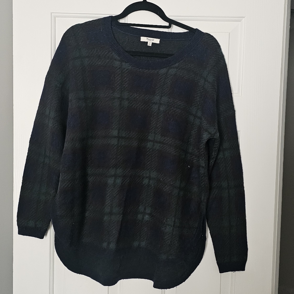 Madewell Women's Checkered Sweater - Dark Blue and Forest Green Size M